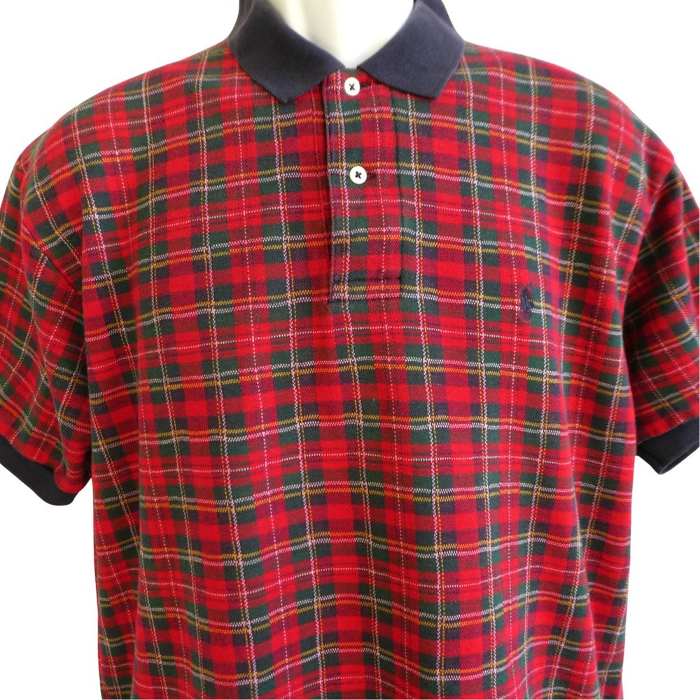 Ralph Lauren Polo Vintage Tartan Plaid Polo Shirt Short Sleeve Navy Knit Collar